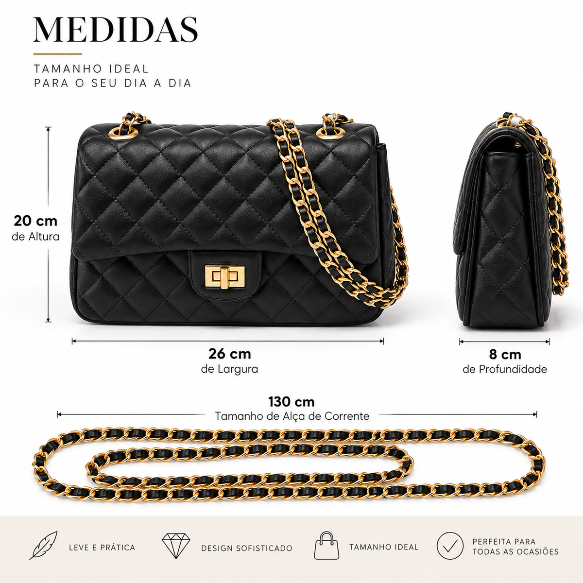 Bolso Bandolera Femenino Matelassé con Cadena Dorada Modelo Copacabana