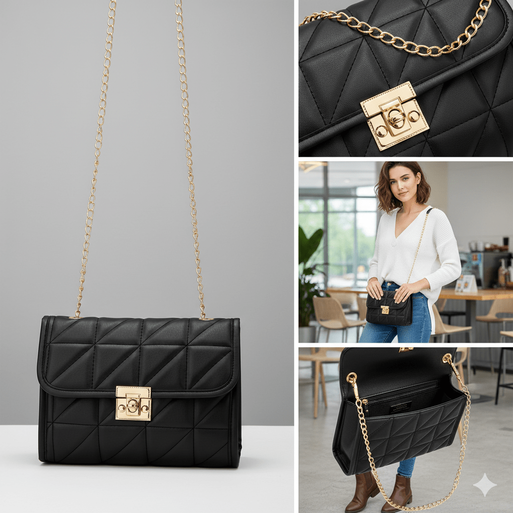 Bolso Femenino Cruzado en Matelassé con Cierre Dorado Modelo Lumière Noir